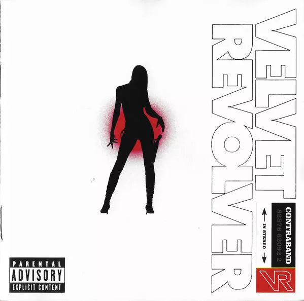 Velvet Revolver Contraband CD cover featuring a stylized illustration of a female figure in red with the band's name and album title.