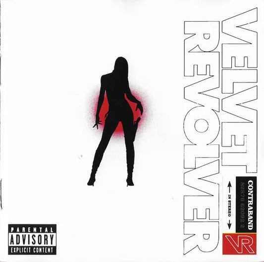 Velvet Revolver Contraband CD cover featuring a stylized illustration of a female figure in red with the band's name and album title.