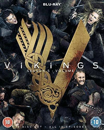 Vikings Season 5 Volume 1 Blu-ray cover featuring a large gold Viking horn emblem over a dark, action-filled collage of cast members and scenes. The title 'VIKINGS' is printed across the center, with 'SEASON 5 • VOLUME 1' below it and 'BLU-RAY' at the top.