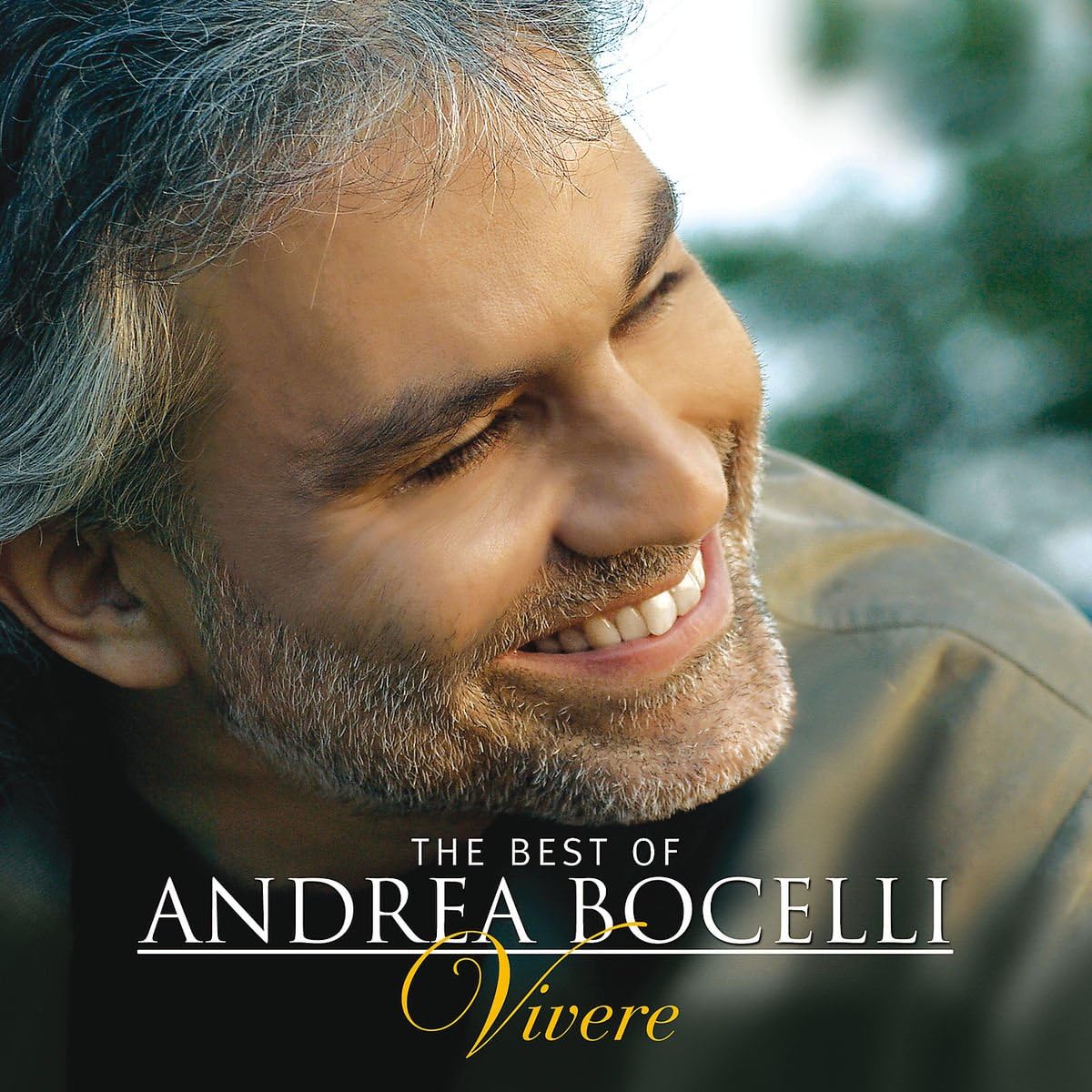 Album cover of 'The Best of Andrea Bocelli: Vivere' with a man smiling outdoors.