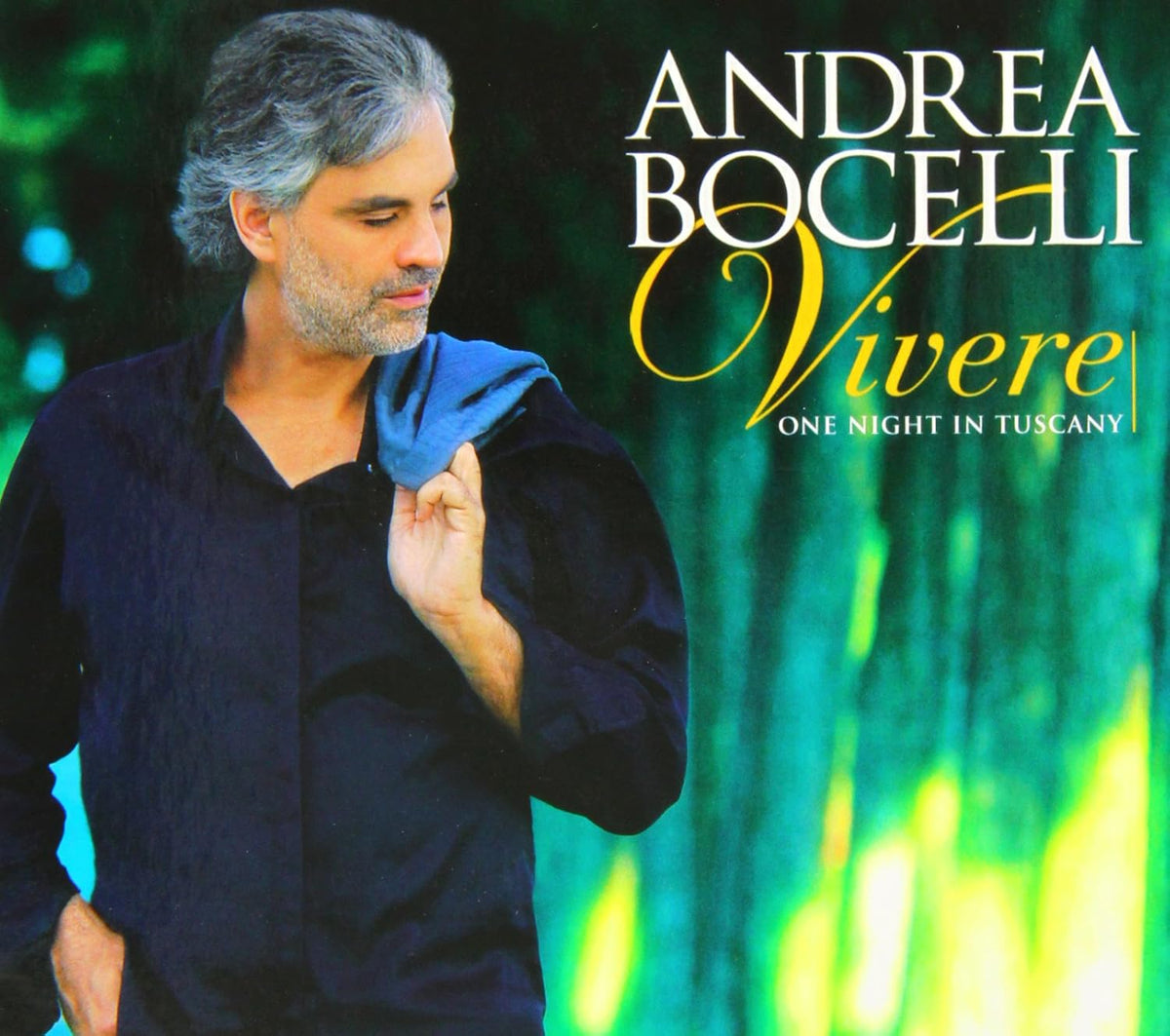 Andrea Bocelli with a green, nature-themed background and text 'Vivere: One Night in Tuscany'.