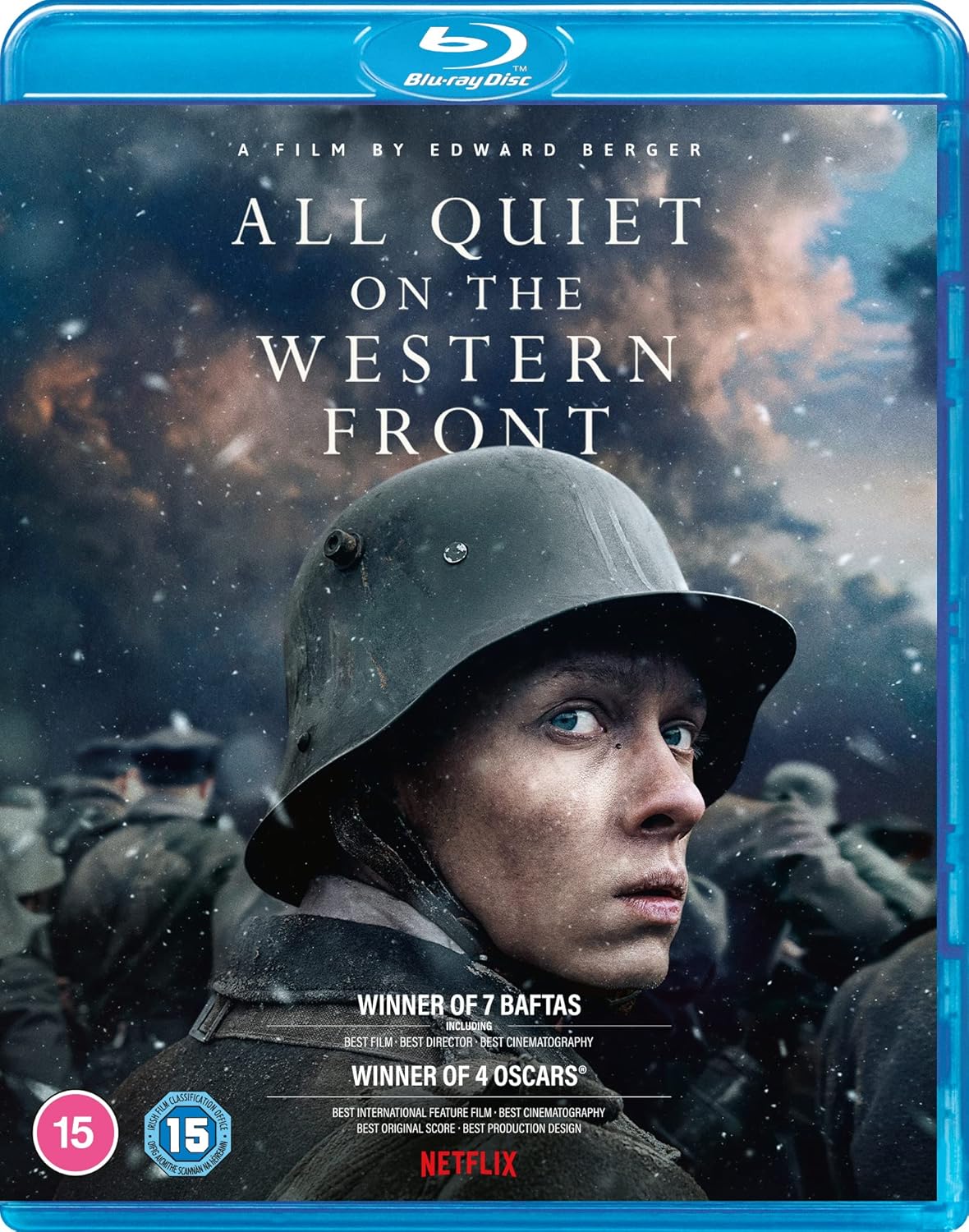 Blu-ray cover of 'All Quiet on the Western Front' with a soldier's face and stormy background.