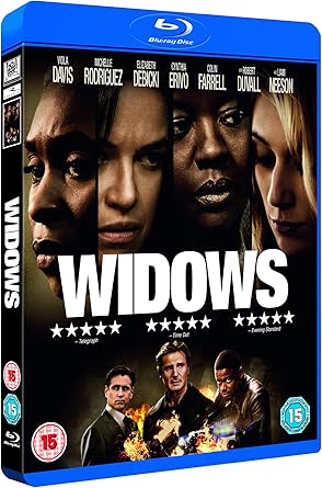 Blu-ray cover of the movie 'Widows' with a collage of faces and action scenes.