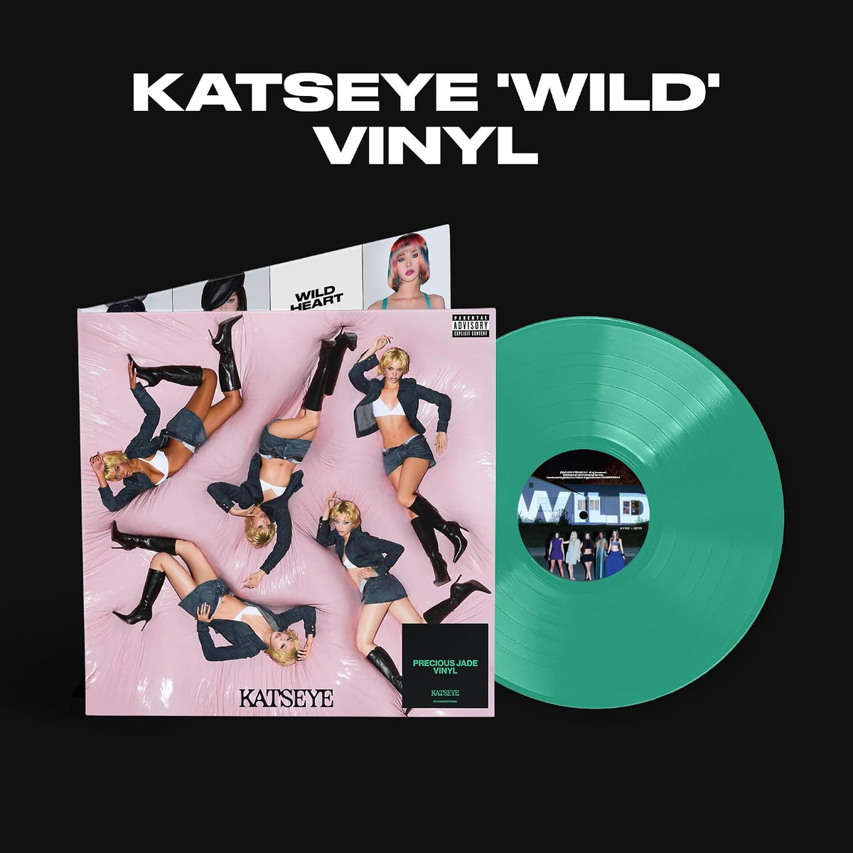Katseye 'Wild' vinyl record album cover and green vinyl disc on a black background, with large white text reading 'KATSEYE 'WILD' VINYL' above.