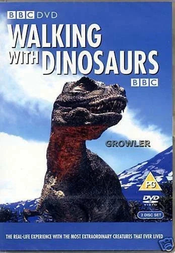 BBC DVD cover for 'Walking with Dinosaurs: Growler', featuring a large T-rex dinosaur against a blue sky and snowy mountains, with BBC branding and DVD logo.