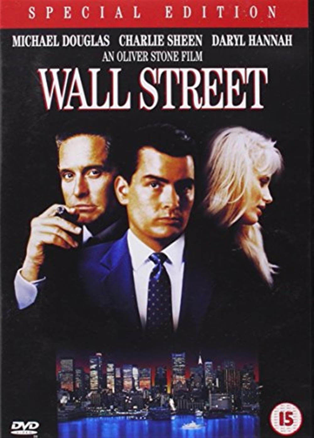 Special Edition DVD cover for the film 'Wall Street' starring Michael Douglas, Charlie Sheen, and Daryl Hannah, featuring the title in large white letters on a black background with a red banner at the top and a city skyline at the bottom.