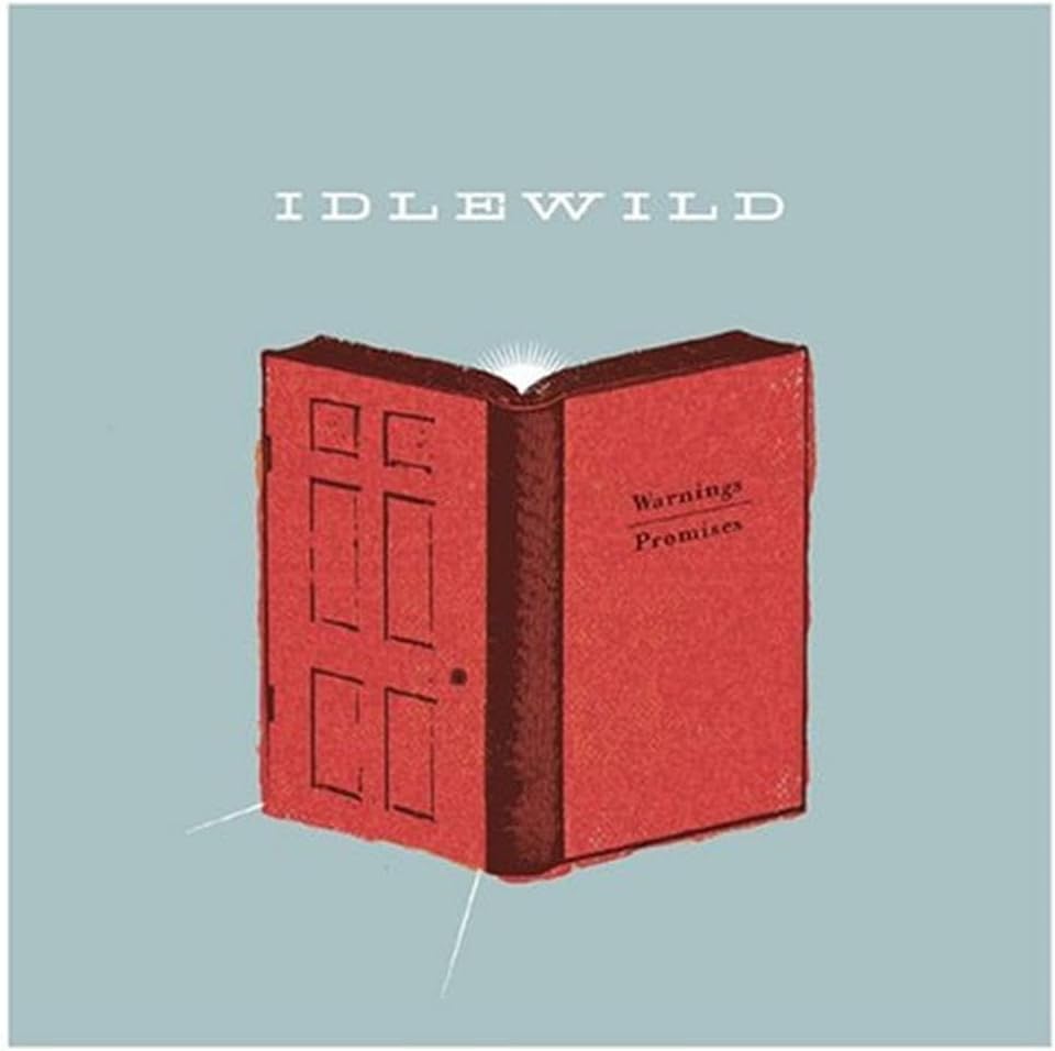Album cover art for Idlewild, featuring an open red book with a door on one page and the text 'Warnings: Promise' on the other, set against a muted blue-gray background.