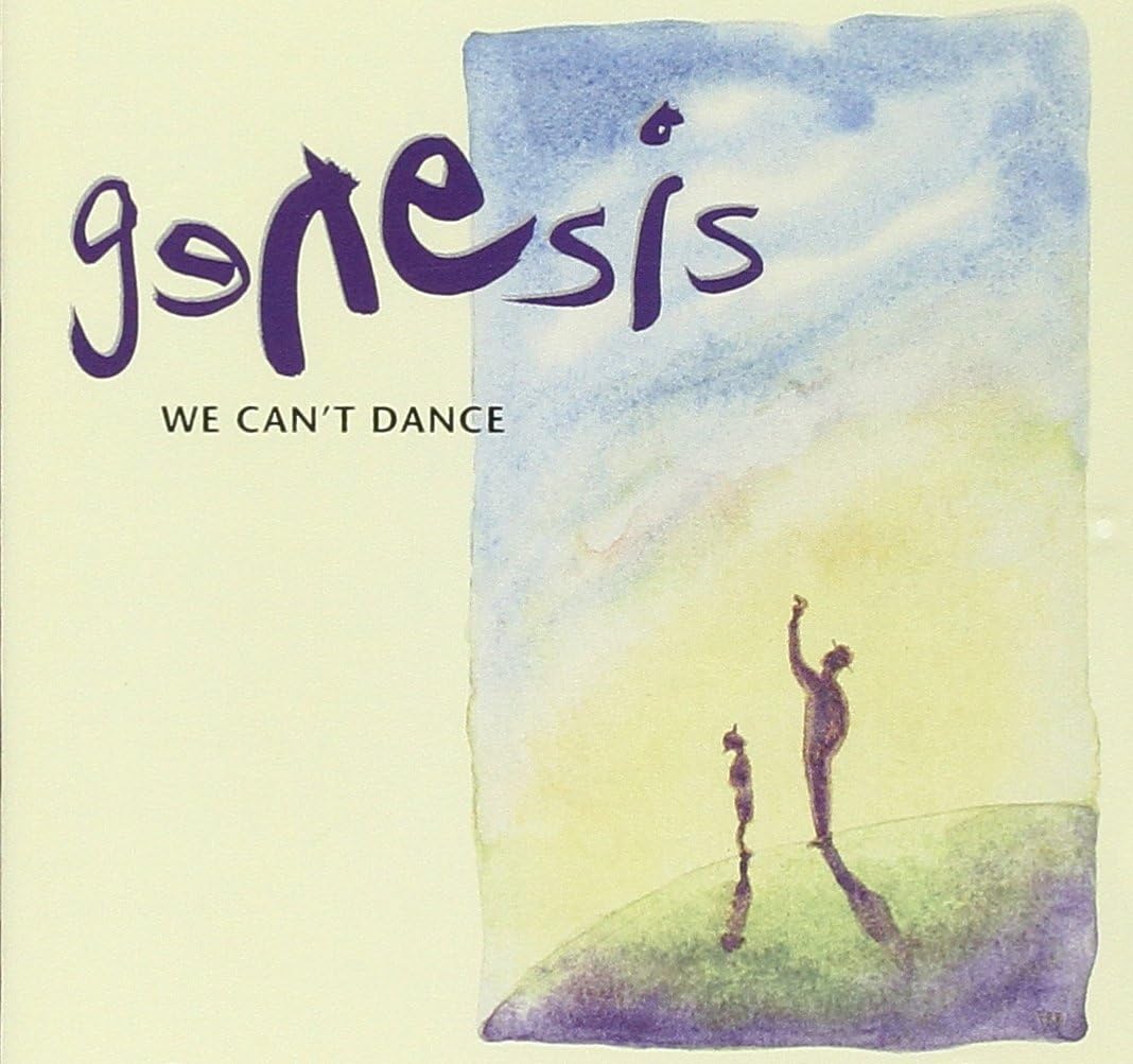 Album cover for 'We Can't Dance' by Genesis with a silhouette of a person dancing on a colorful background.