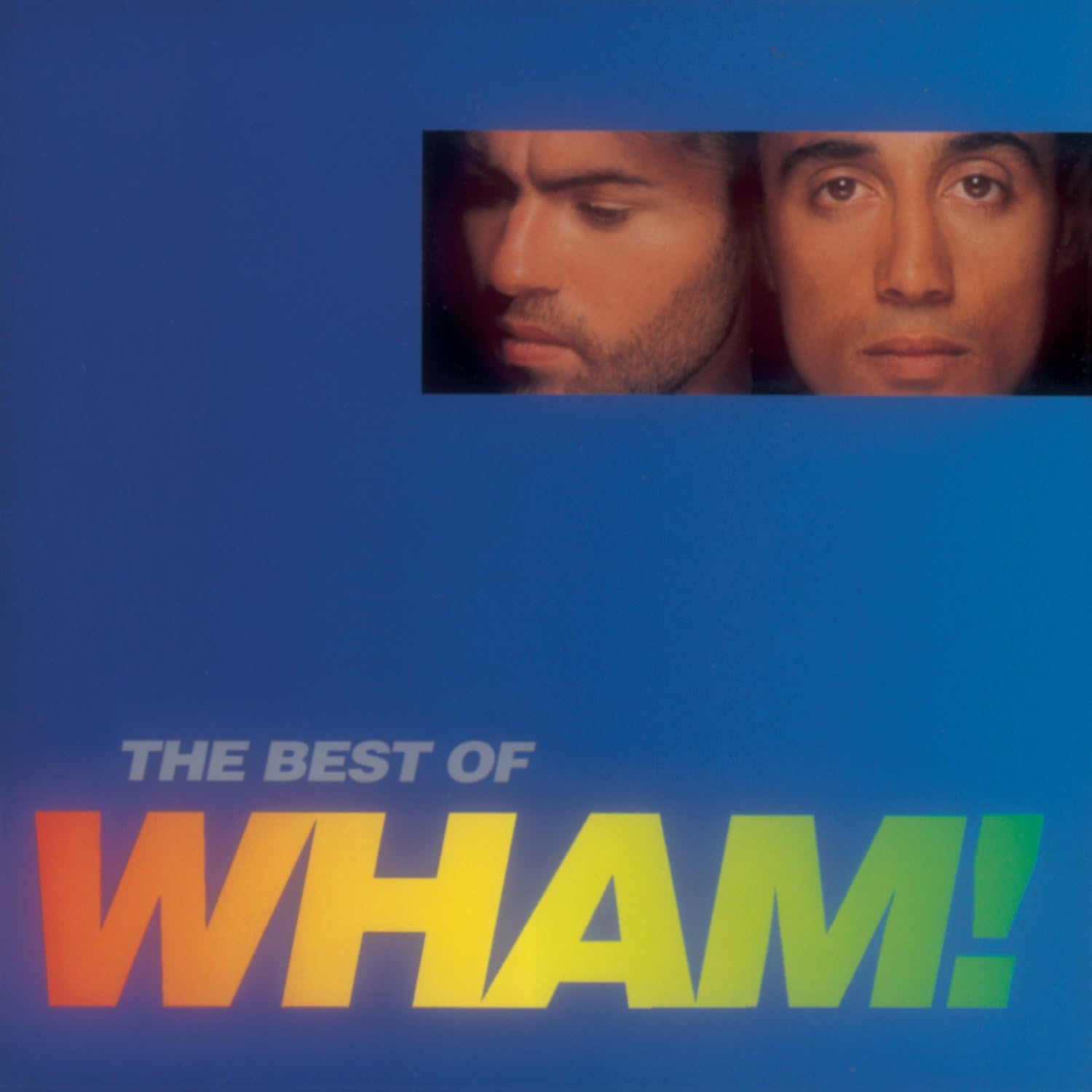 Album cover for 'The Best of Wham!' with a split image of a man's face and colorful text.