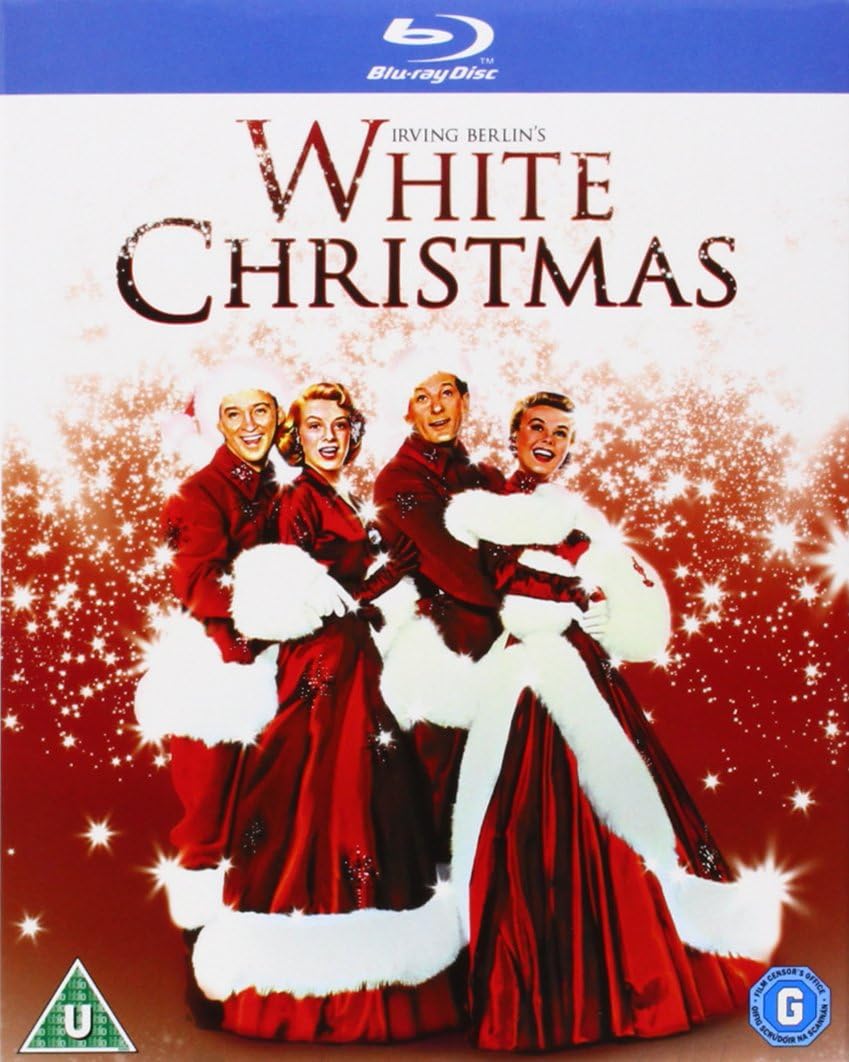 Blu-ray cover of 'White Christmas' with four characters in festive attire against a snowy background.