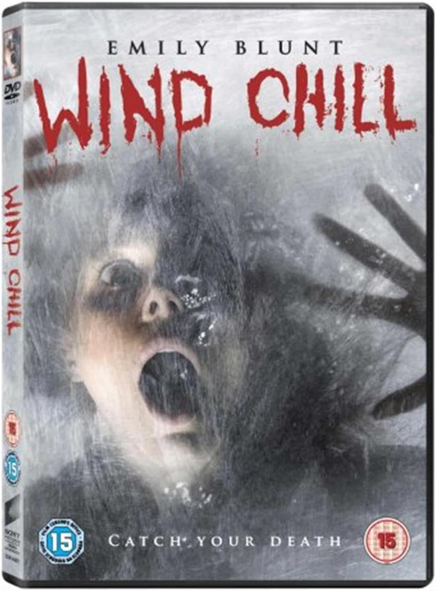 DVD cover for the horror film 'Wind Chill' starring Emily Blunt, featuring a screaming face pressed against frosted glass with red dripping title text and a 15 rating badge.