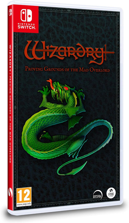 A Nintendo Switch game case for 'Wizardry Proving Grounds of the Mad Overlord' featuring an illustration of a green dragon on the cover.