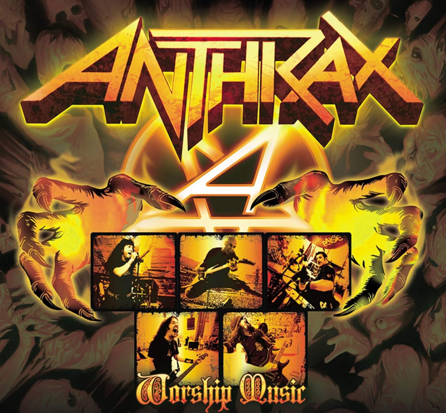 Album cover for Anthrax's 'Worship Music', featuring the band name in a large metallic gold and orange font at the top, five inset photos of band members performing, and a dark, fiery background with claw-like shapes.