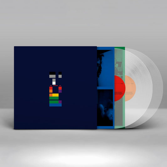 Vinyl record with a colorful cover on a gray background