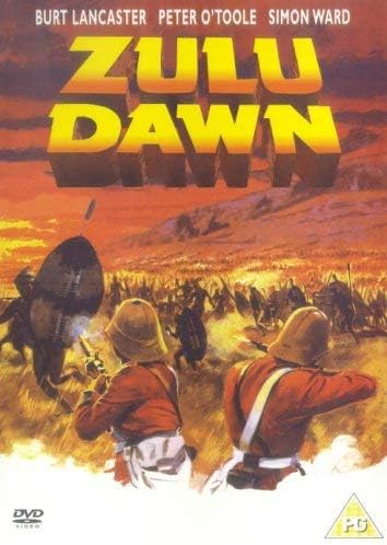Movie poster for 'Zulu Dawn' featuring soldiers in a battle scene with a sunset background.