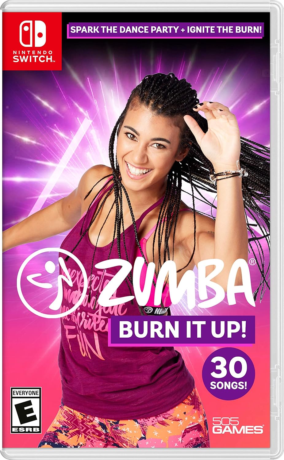 Zumba Burn It Up! game cover for Nintendo Switch with a woman in workout attire on a pink and purple background.