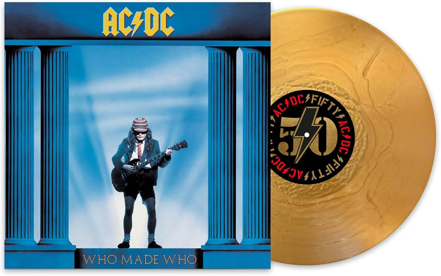 AC/DC album cover and vinyl record with 'Who Made Who' and '50 Years' logos.