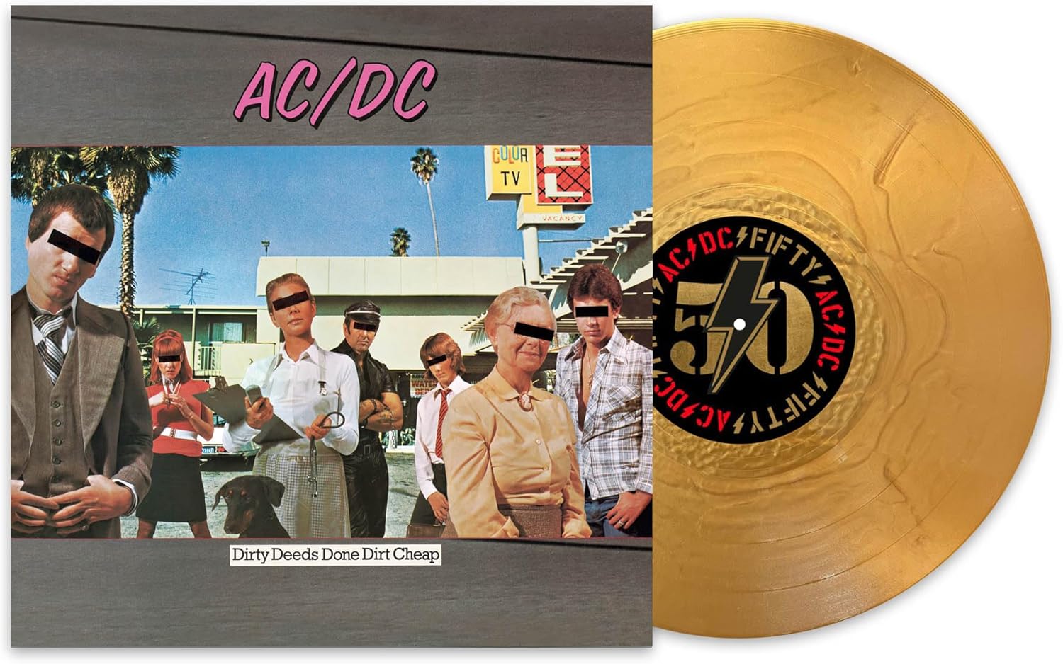 AC/DC album cover and gold vinyl record with 'Fifty' logo