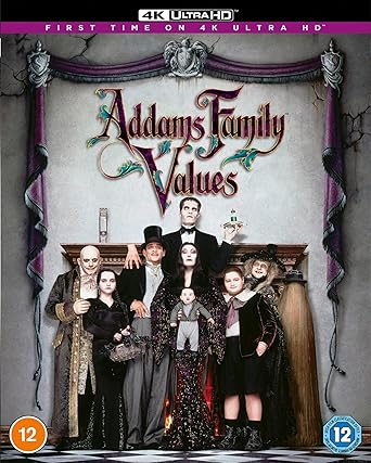 DVD cover of 'Addams Family Values' with the Addams Family posing in front of a fireplace.