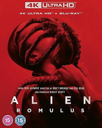 A cover of the 4K UHD Blu-ray movie 'Alien Romulus' featuring a stylized image of an alien with human-like features against a red background, indicating a horror genre.