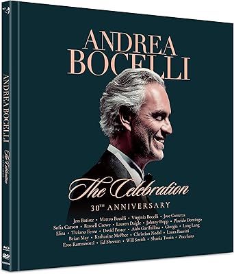 Andrea Bocelli album cover with his face and album title on a dark green background