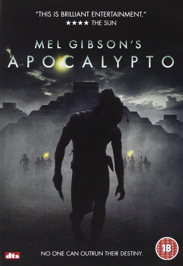 Movie poster for 'Apocalypto' featuring a silhouette of a warrior against a dark, misty landscape.