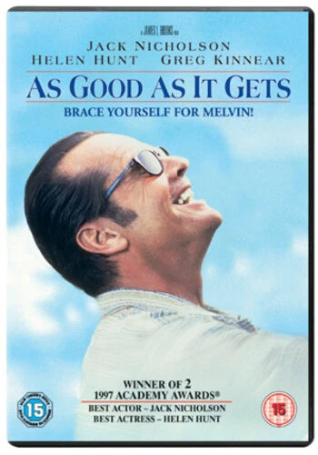 DVD cover for the movie 'As Good As It Gets' featuring a close-up of Jack Nicholson smiling upwards against a light blue sky background. The title is displayed in bold blue text at the top, with actor names Jack Nicholson and Helen Hunt, and producer Greg Kinnear.