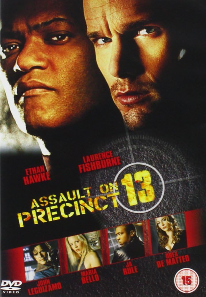 Movie poster for 'Assault on Precinct 13' featuring two men's faces and character images.
