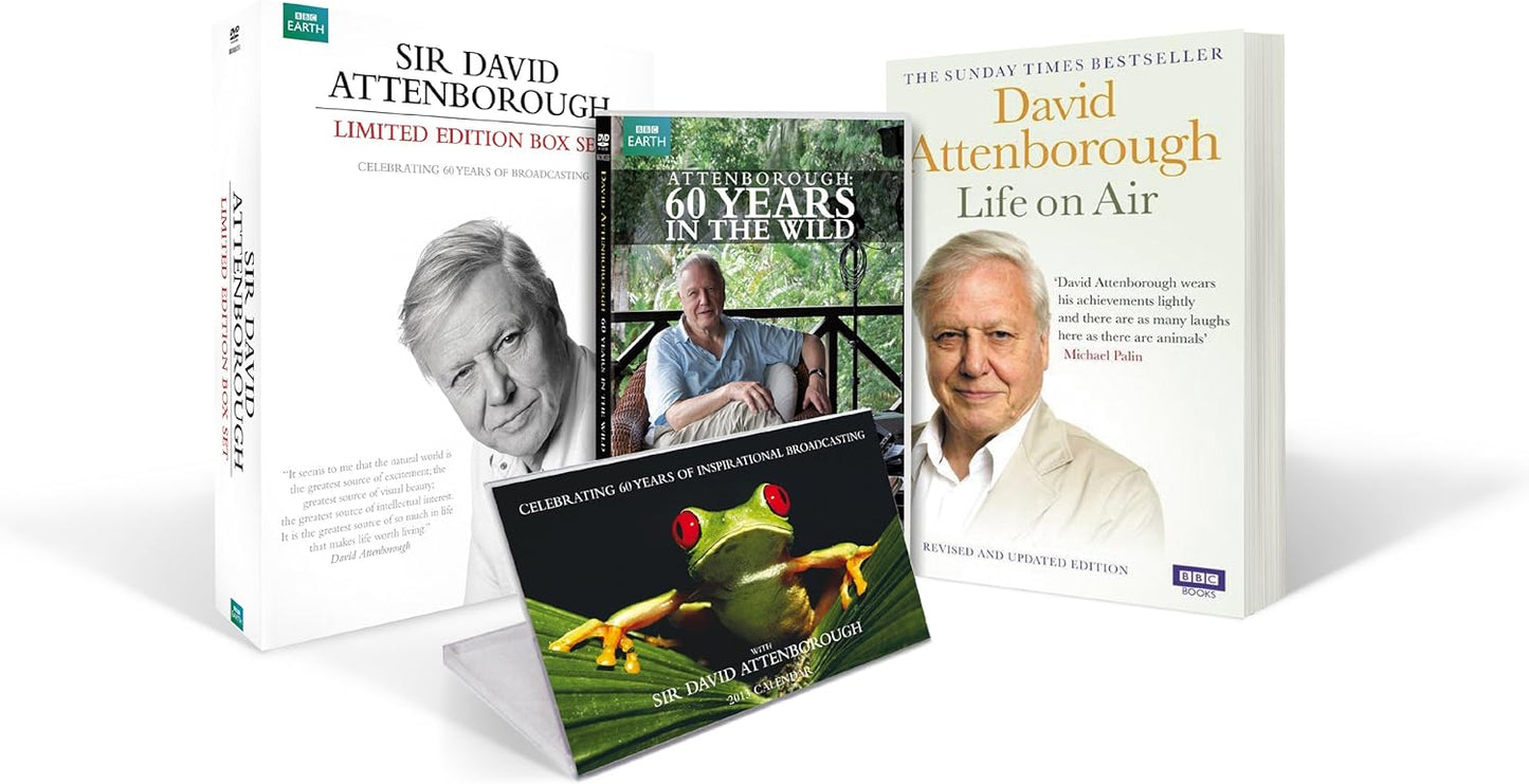 A limited edition gift set featuring three DVDs of Sir David Attenborough's programs: 'A Life on Air', 'The Blue Planet', and 'Planet Earth'. The set is presented in a clear DVD case with a portrait of Sir David Attenborough on the front, along with images of wildlife and natural scenery.
