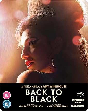 Blu-ray cover of 'Back to Black' featuring a woman with a tiara and text about Amy Winehouse.