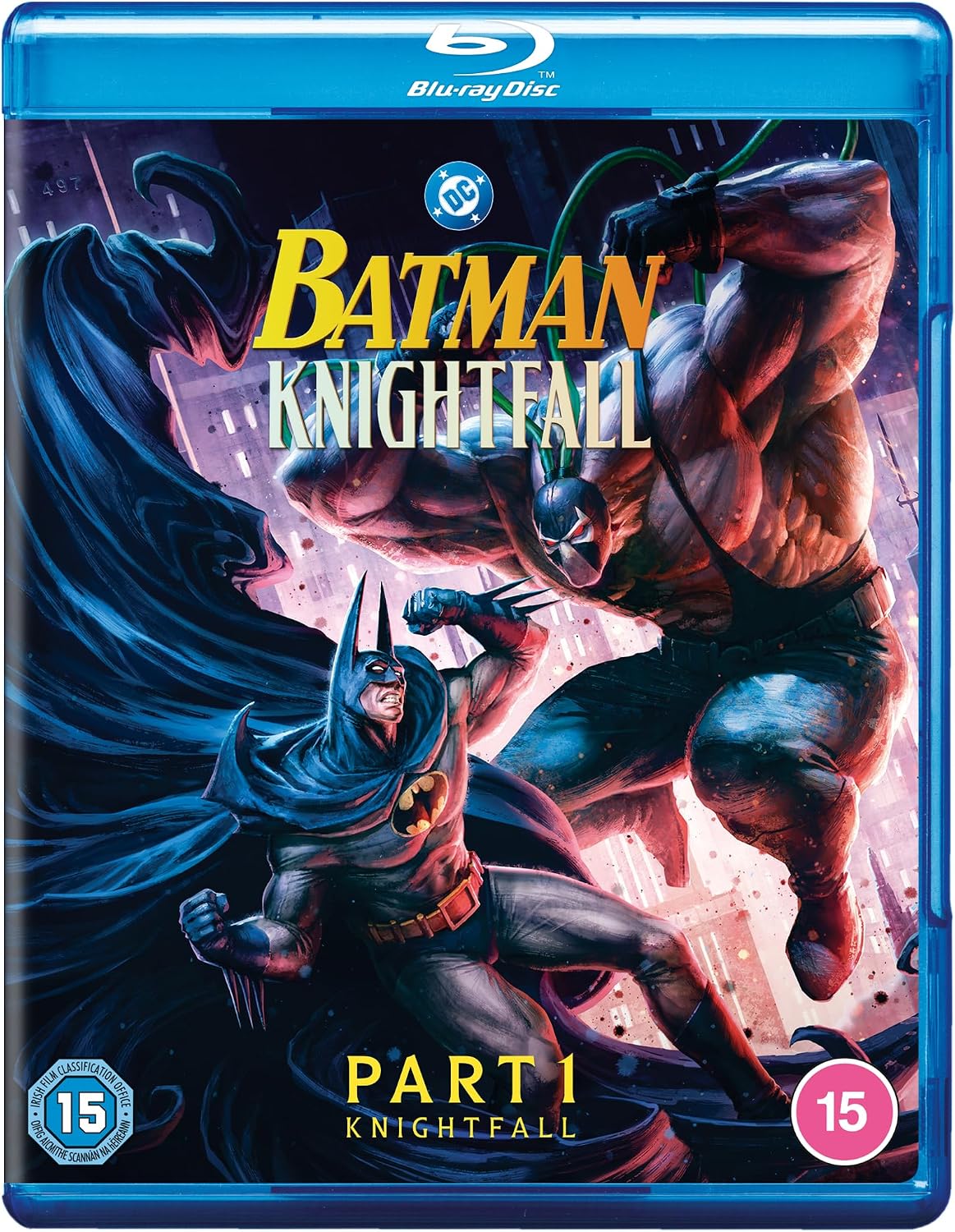 Batman Knightfall Part 1 Blu-ray Disc cover featuring Batman and a large muscular villain in an action scene, with the DC logo and 15 age rating badges visible.