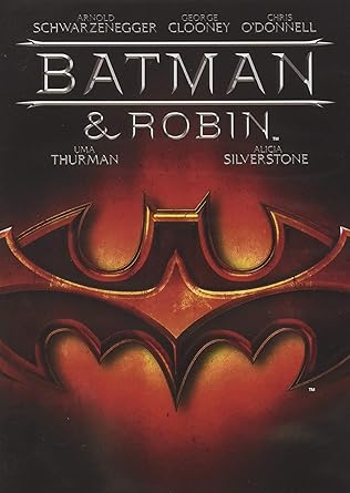 Batman and Robin movie poster with superhero emblem and actor names.