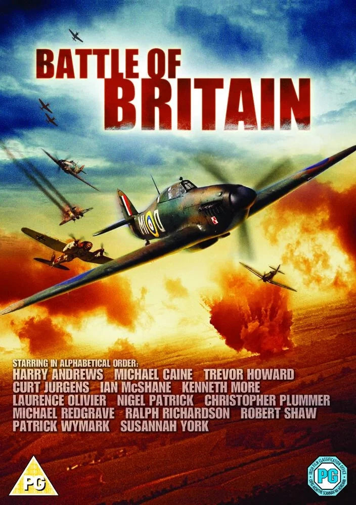 Movie poster for 'Battle of Britain' with fighter planes and explosions.