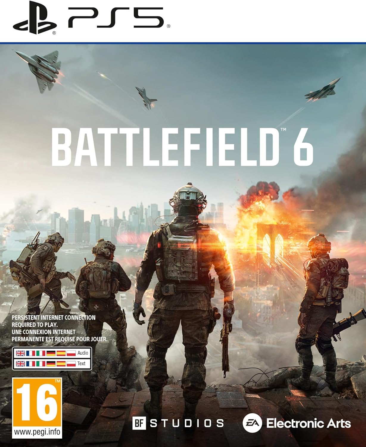 Cover of 'Battlefield 6' game for PS5 with soldiers and explosions on a cityscape background.