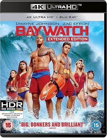 Blu-ray cover of 'Baywatch' featuring characters in lifeguard uniforms with ocean background