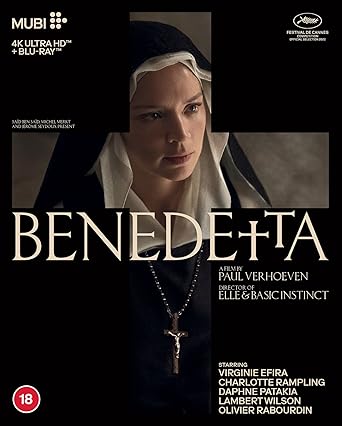 Movie poster for 'Benedetta' featuring a woman in religious attire with text about the film's release on MUBI.