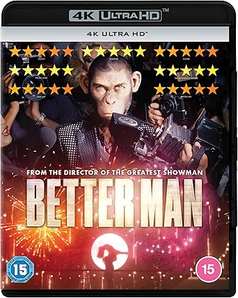 4K Ultra HD movie cover for 'Better Man' with a monkey holding cameras and a crowd.