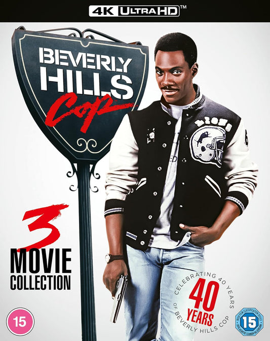 Beverly Hills Cop 4K Ultra HD movie collection with a person in a varsity jacket.