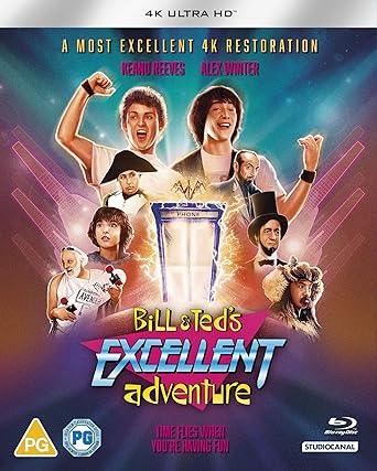 Blu-ray cover of 'Bill & Ted's Excellent Adventure' with characters and 4K restoration text.
