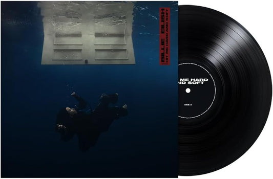 A vinyl record labeled 'HIT ME HARD AND SOFT LP' by Billie Eilish with a predominantly dark artwork featuring a person lying down.