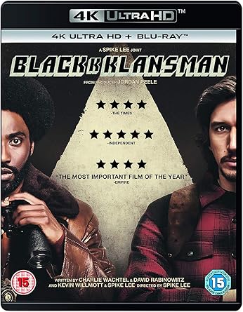 Blu-ray cover of 'Black Klansman' with two men and a pyramid design.