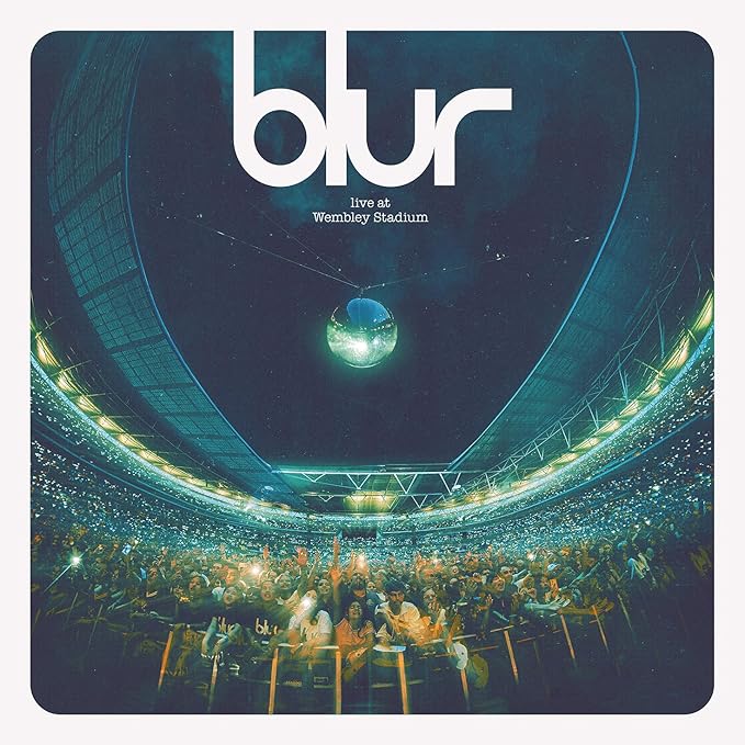Album cover of 'Live at Wembley Stadium' by Blur with a stadium and crowd view.