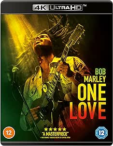 Cover of the Bob Marley: One Love 4K UHD Blu-ray featuring a black and white image of Bob Marley singing on stage with a yellow and red backdrop.