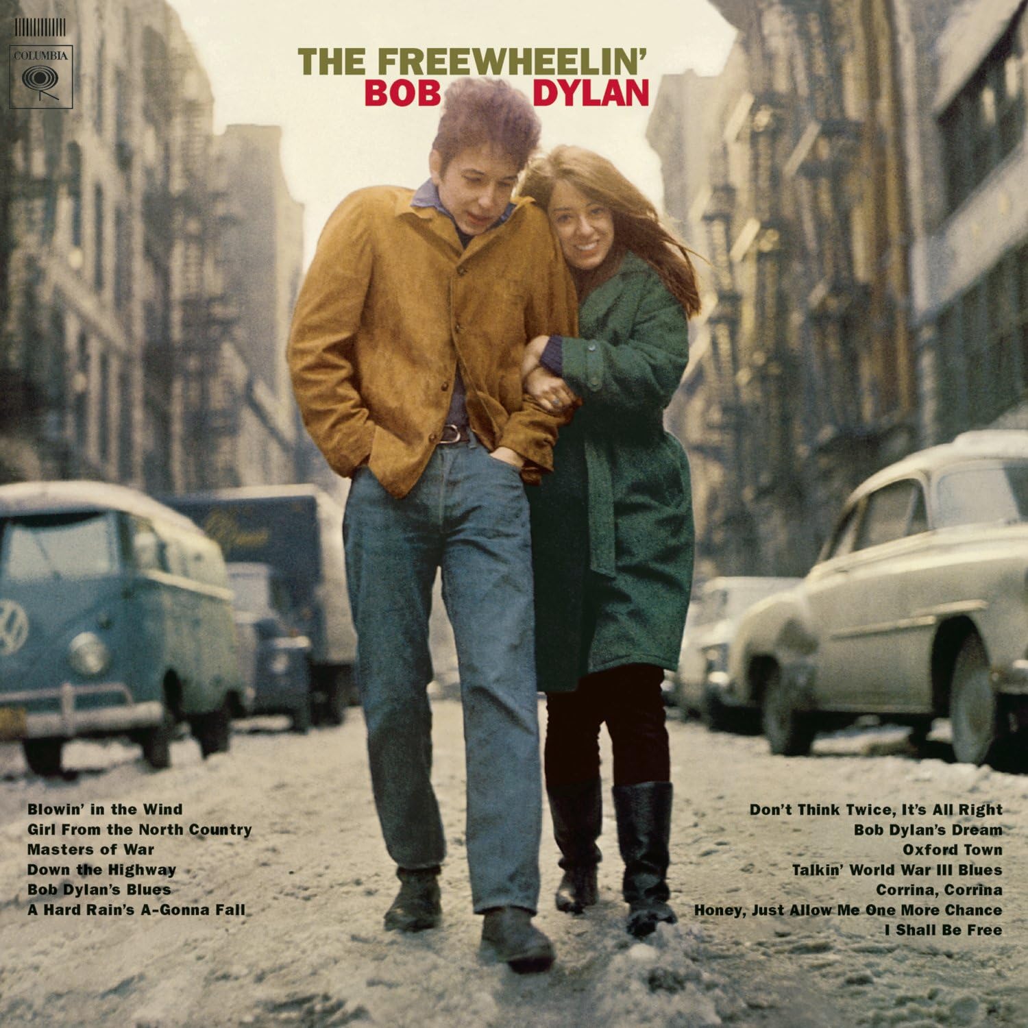 The product image shows the cover of the vinyl album 'The Freewheelin' Bob Dylan' featuring Bob Dylan and a woman walking down a street, with a colorful backdrop of buildings and a car.