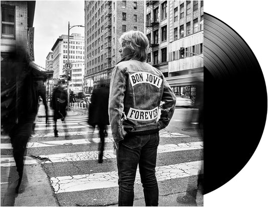 A vinyl record of Bon Jovi Forever with an image of the artist on the cover, standing in a city setting.