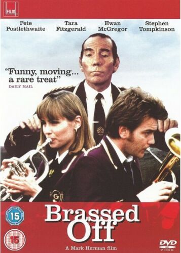 DVD cover for the movie 'Brassed Off' featuring two male characters in a brass band setting, with a third character playing the trombone in the background.