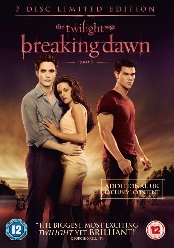 Cover of 'The Twilight Saga: Breaking Dawn - Part 1' DVD featuring an embrace between the characters Bella and Edward, with a dramatic sky background.