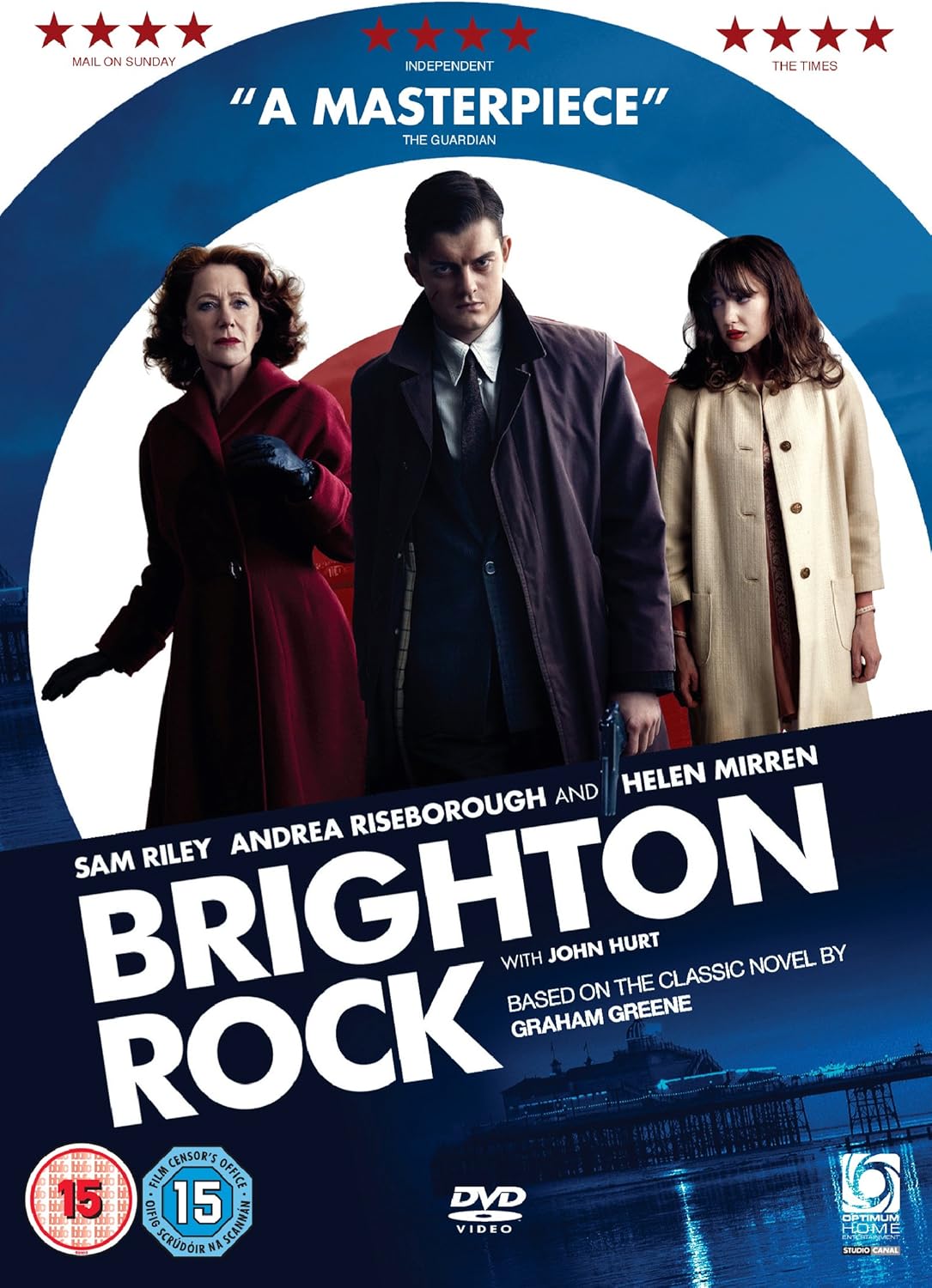 DVD cover of 'Brighton Rock' featuring three characters and a scenic background.