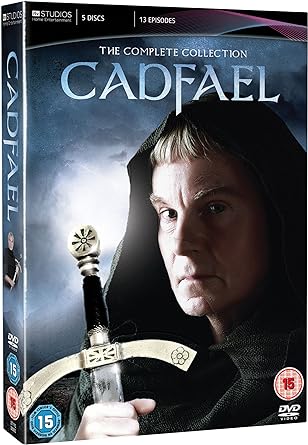 Cover of the DVD collection for the TV series Cadfael, featuring a portrait of the main character, Cadfael, in a dark robe and holding a sword, against a dark, misty background.