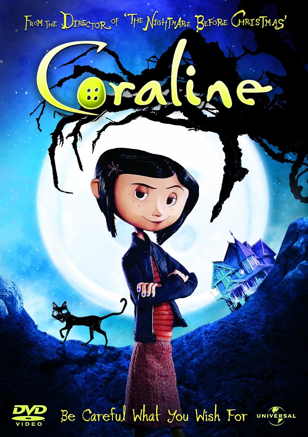 Movie poster for 'Coraline' featuring a young girl with a cat and a magical house.